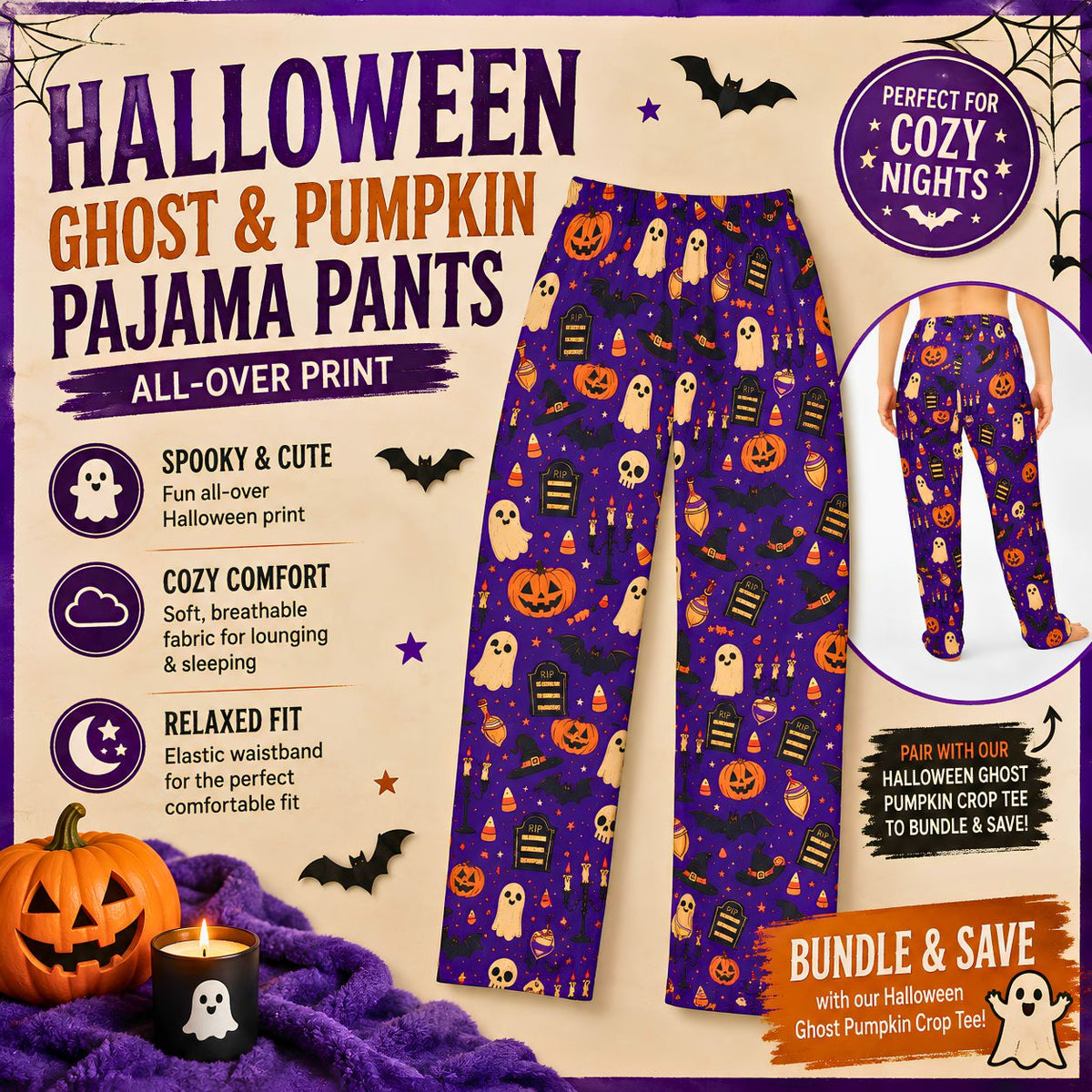 Halloween Ghost Pumpkin Pajama Pants Spooky All Over Print Lounge Pants