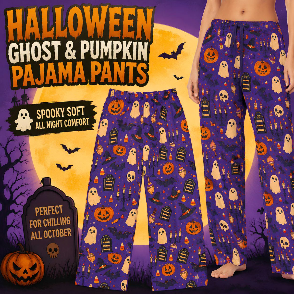 Halloween Ghost Pumpkin Pajama Pants | Spooky All Over Print Lounge Pants | Cozy Halloween Sleep Pants
