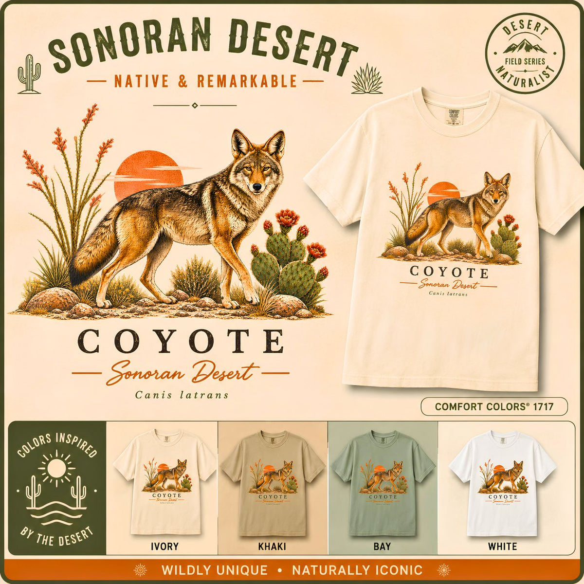 Coyote Sunset Illustration T-Shirt Desert Plants Wildlife Tee