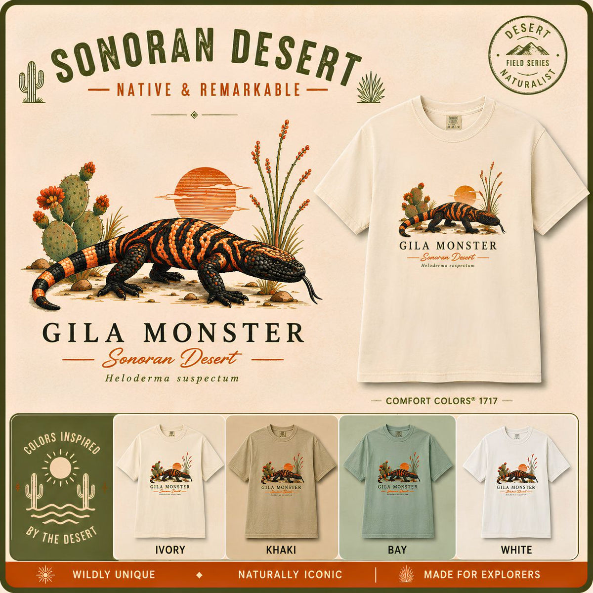 Gila Monster Illustration T-Shirt Desert Lizard Sun Tee