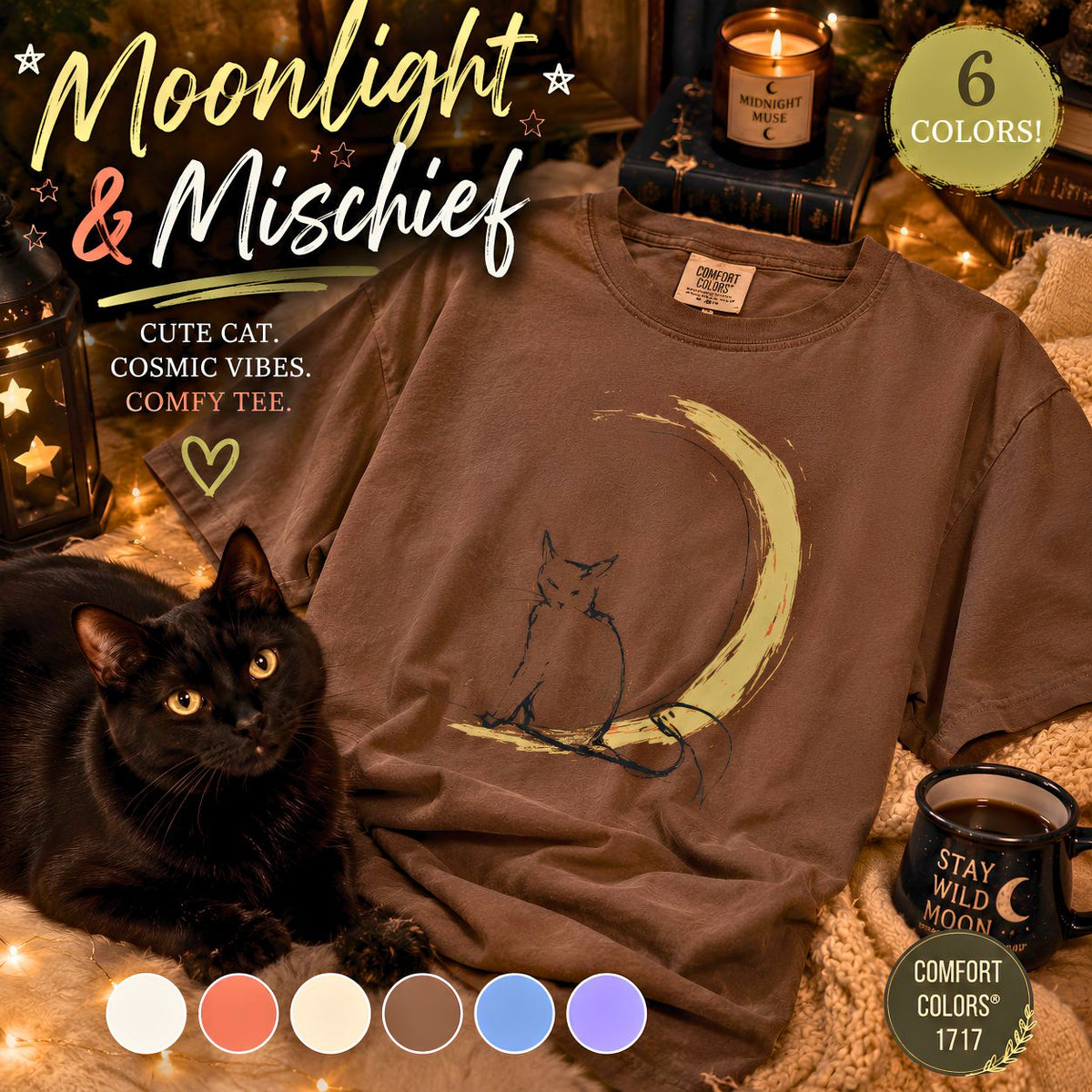 Black Cat Crescent Moon Comfort Colors 1717, Celestial Witchy Graphic Tee