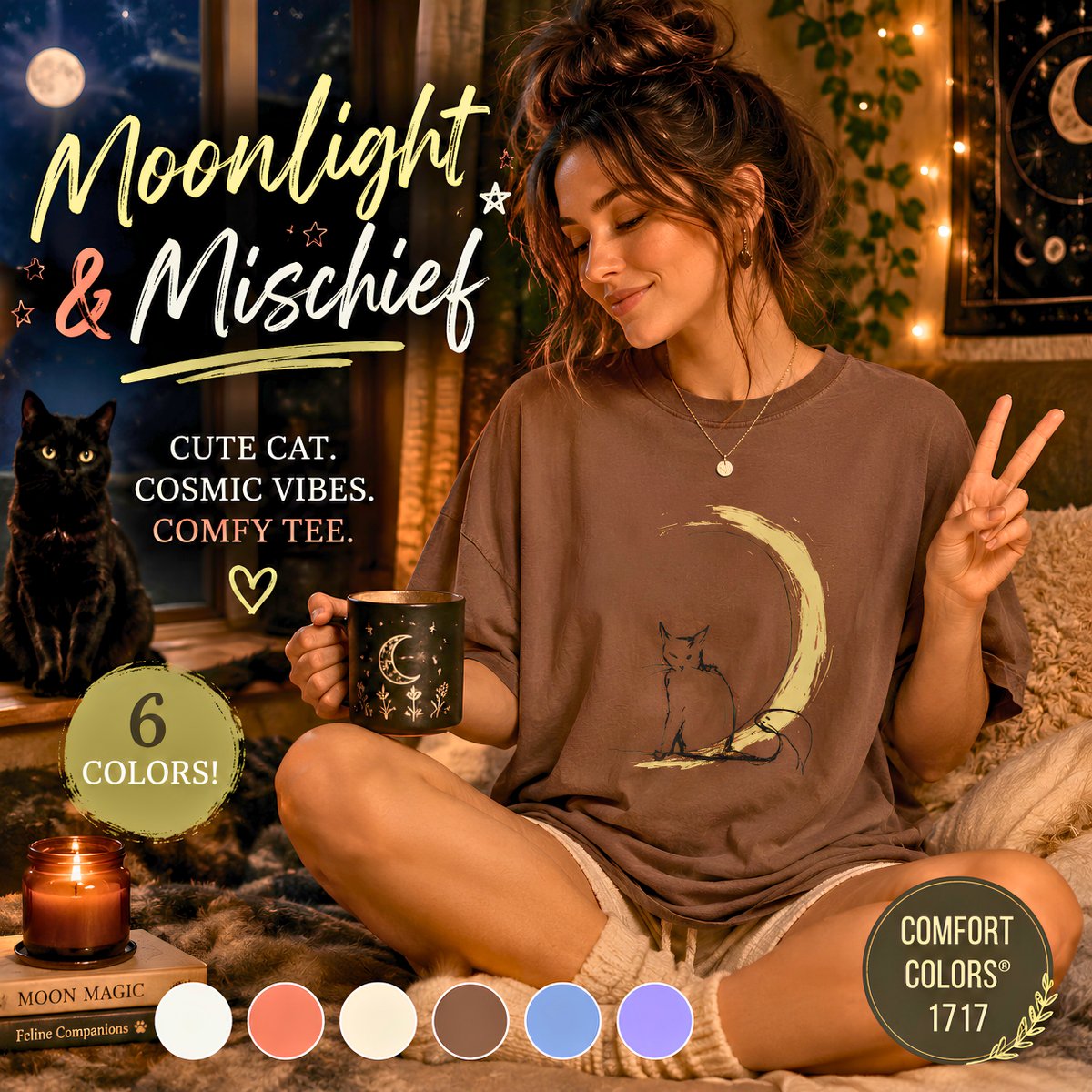 Black Cat Crescent Moon Comfort Colors 1717, Celestial Witchy Graphic Tee, Mystical Gothic Gift for Cat Lovers