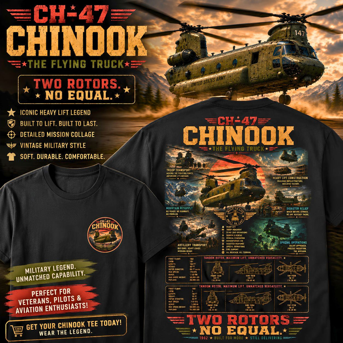 CH-47 Chinook Helicopter Shirt Military Aviation Tee The Flying Truck
