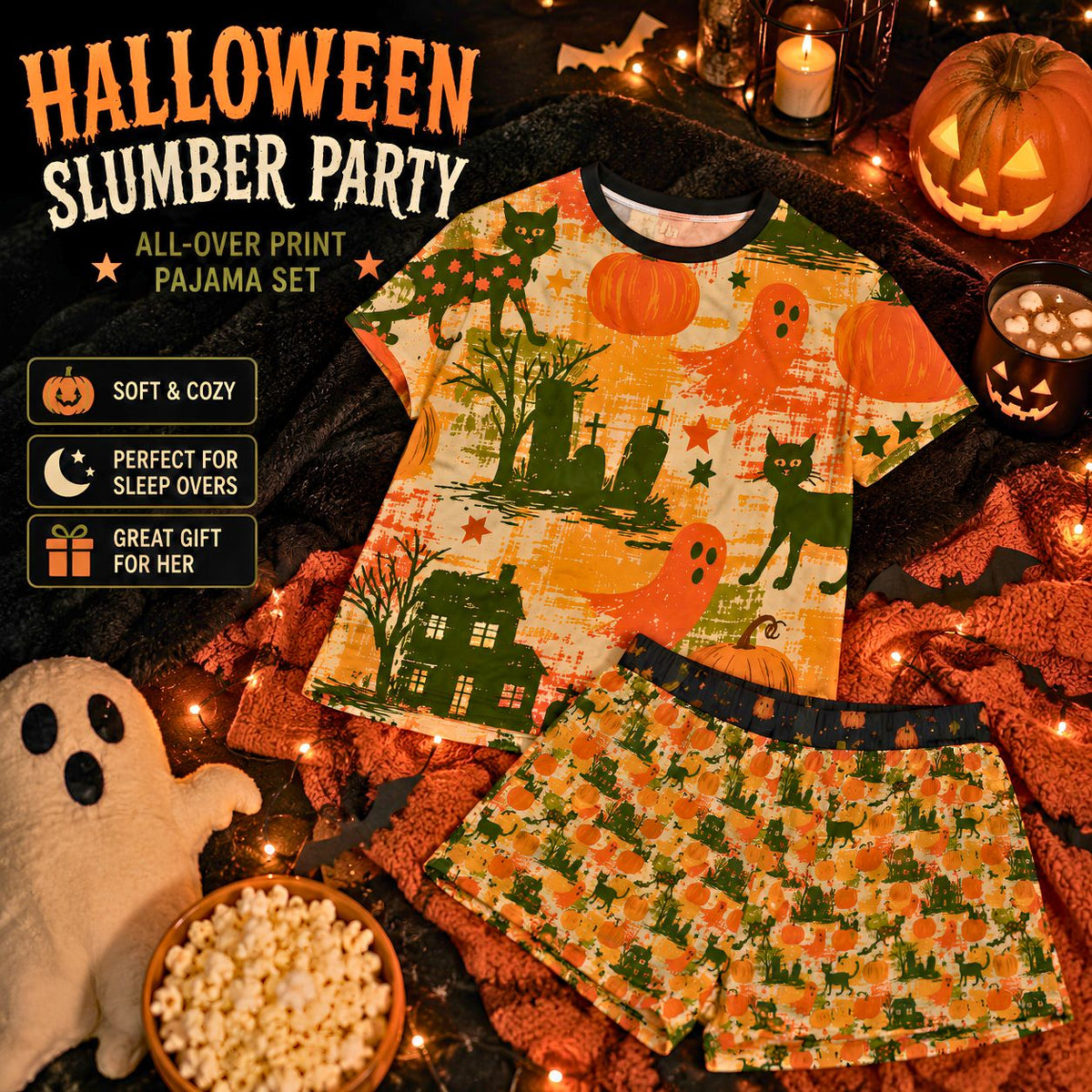 Halloween Pajama Set for Women Vintage Ghost Pumpkin Cat PJs