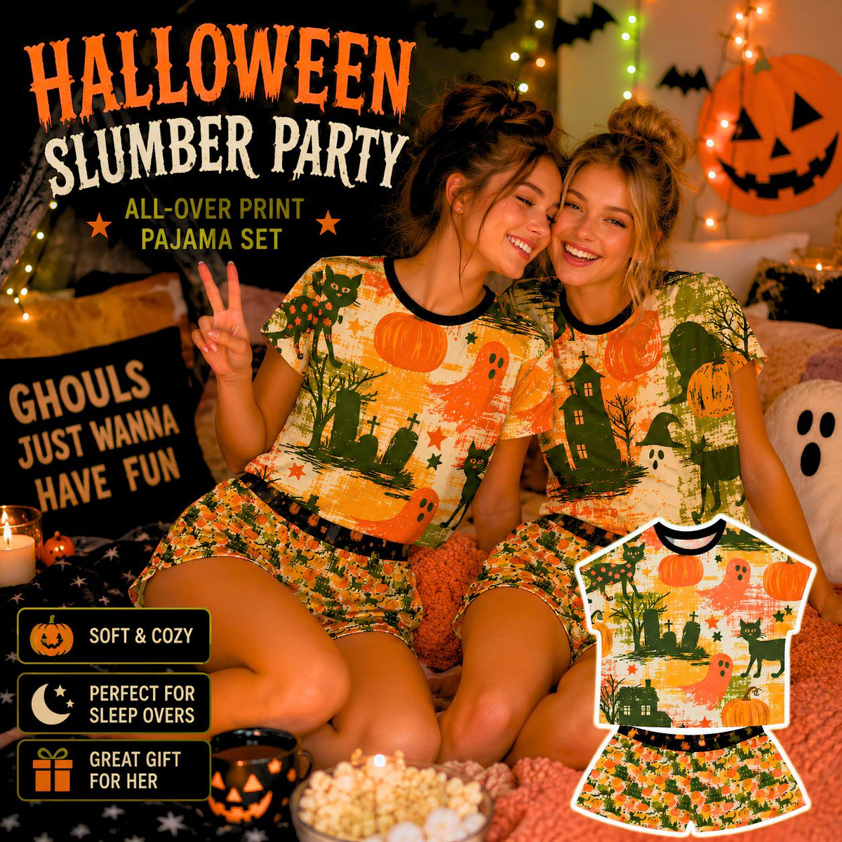 Halloween Pajama Set for Women | Vintage Ghost Pumpkin Cat PJs | Spooky Sleepover Shorts Set | Halloween Slumber Party