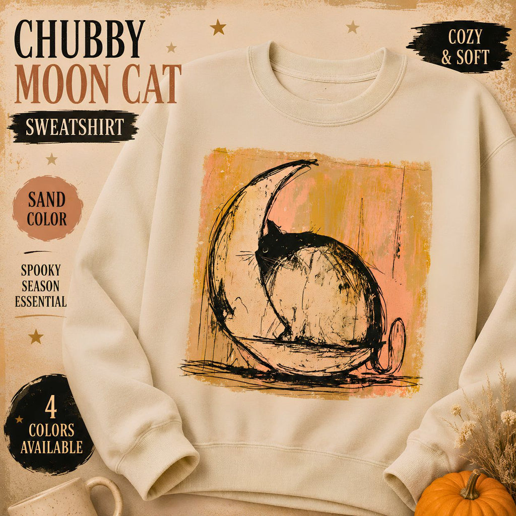 Sketch Moon Cat Crewneck Sweatshirt Celestial Cat Illustration
