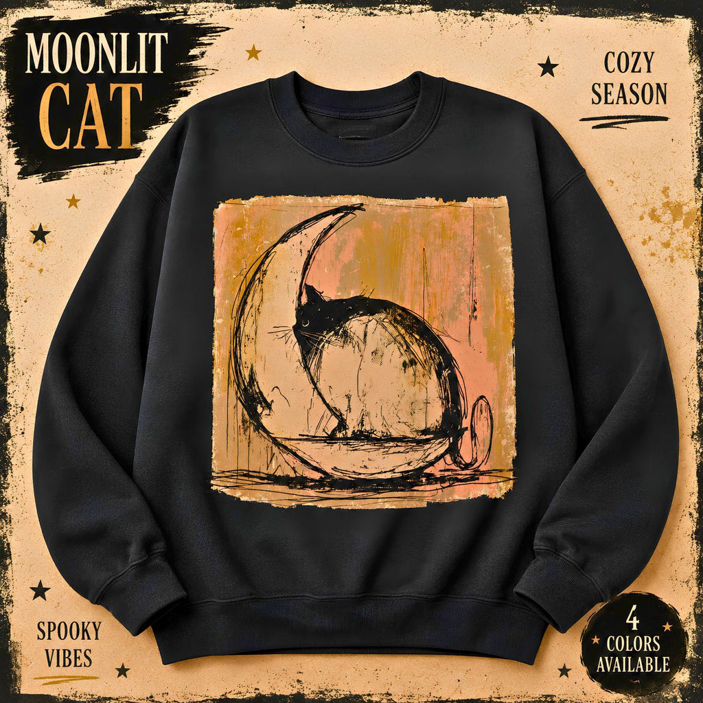 Sketch Moon Cat Crewneck Sweatshirt | Celestial Cat Illustration