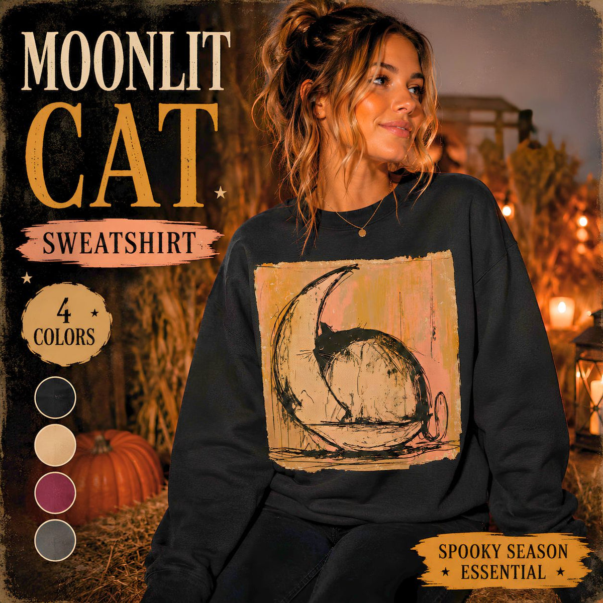 Sketch Moon Cat Crewneck Sweatshirt | Celestial Cat Illustration