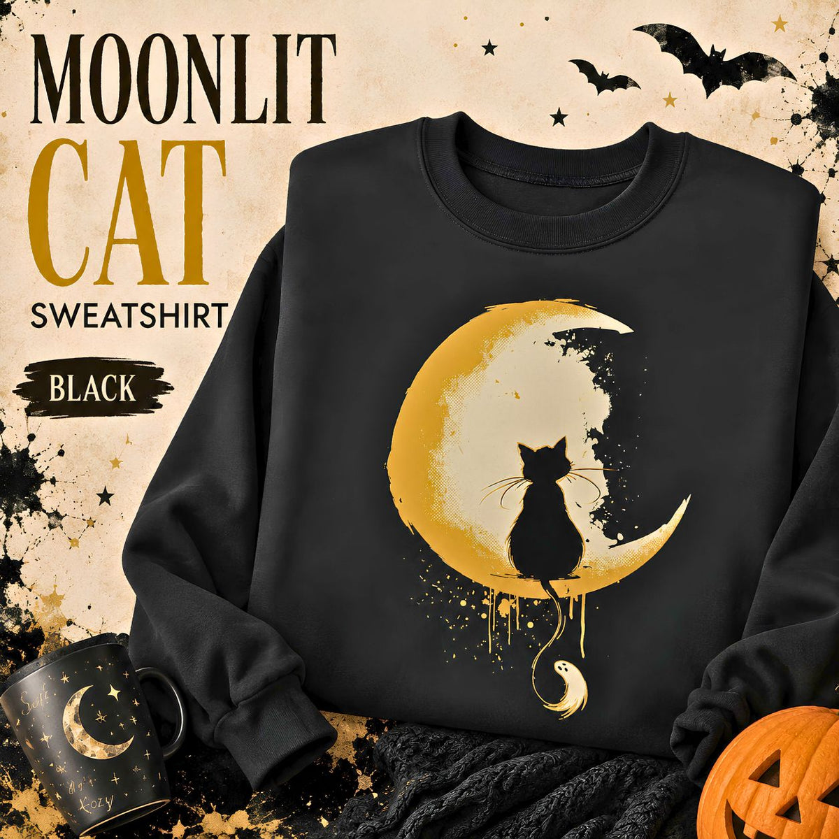 Cat Silhouette on Crescent Moon sweatshirt Night Sky, Drip Moon Art