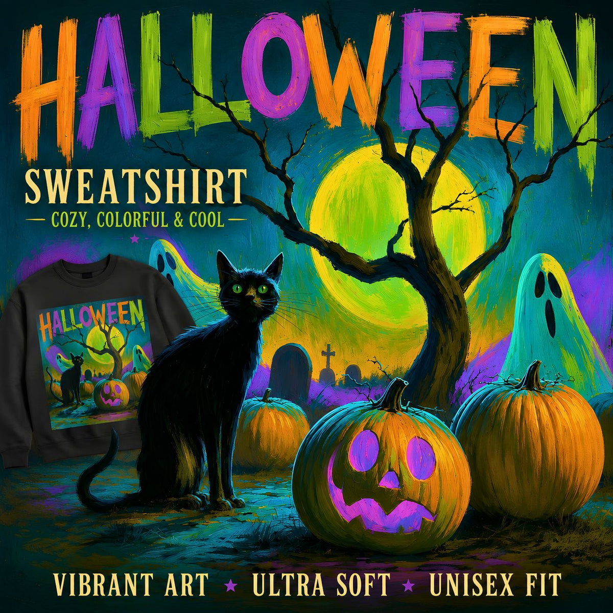 Colorful Halloween Sweatshirt, Black Cat Ghost Pumpkin Crewneck