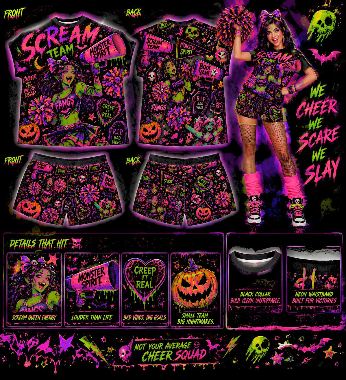 Halloween Cheer Pajama Set Monster Spirit Oversized Sleep Shirt & Shorts