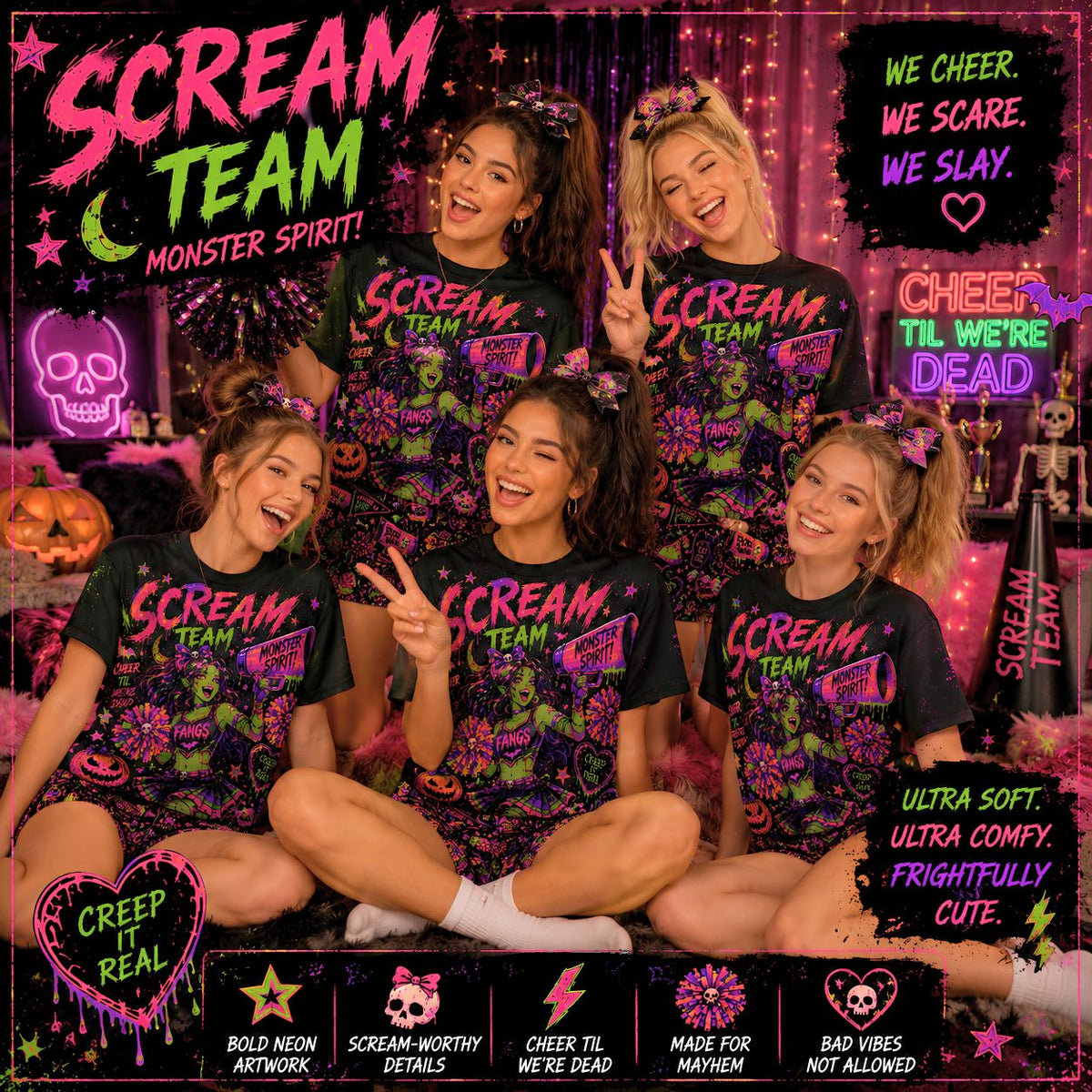 Halloween Cheer Pajama Set | Monster Spirit Oversized Sleep Shirt & Shorts | Spooky Cute Women's PJ Set | Scream Team Loungewear