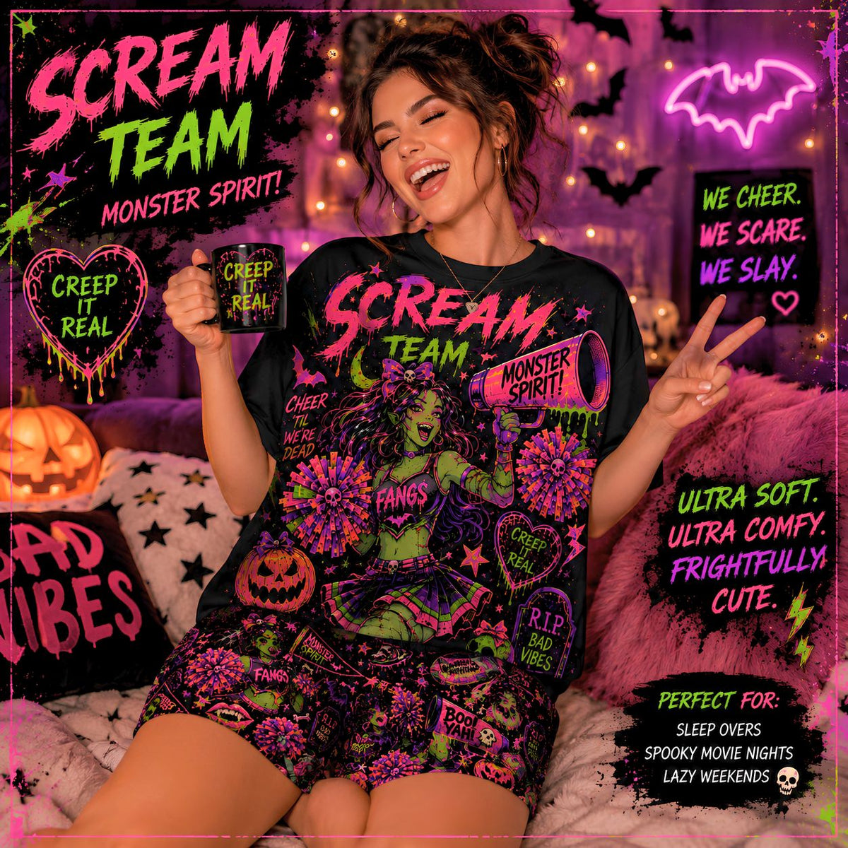 Halloween Cheer Pajama Set | Monster Spirit Oversized Sleep Shirt & Shorts | Spooky Cute Women's PJ Set | Scream Team Loungewear