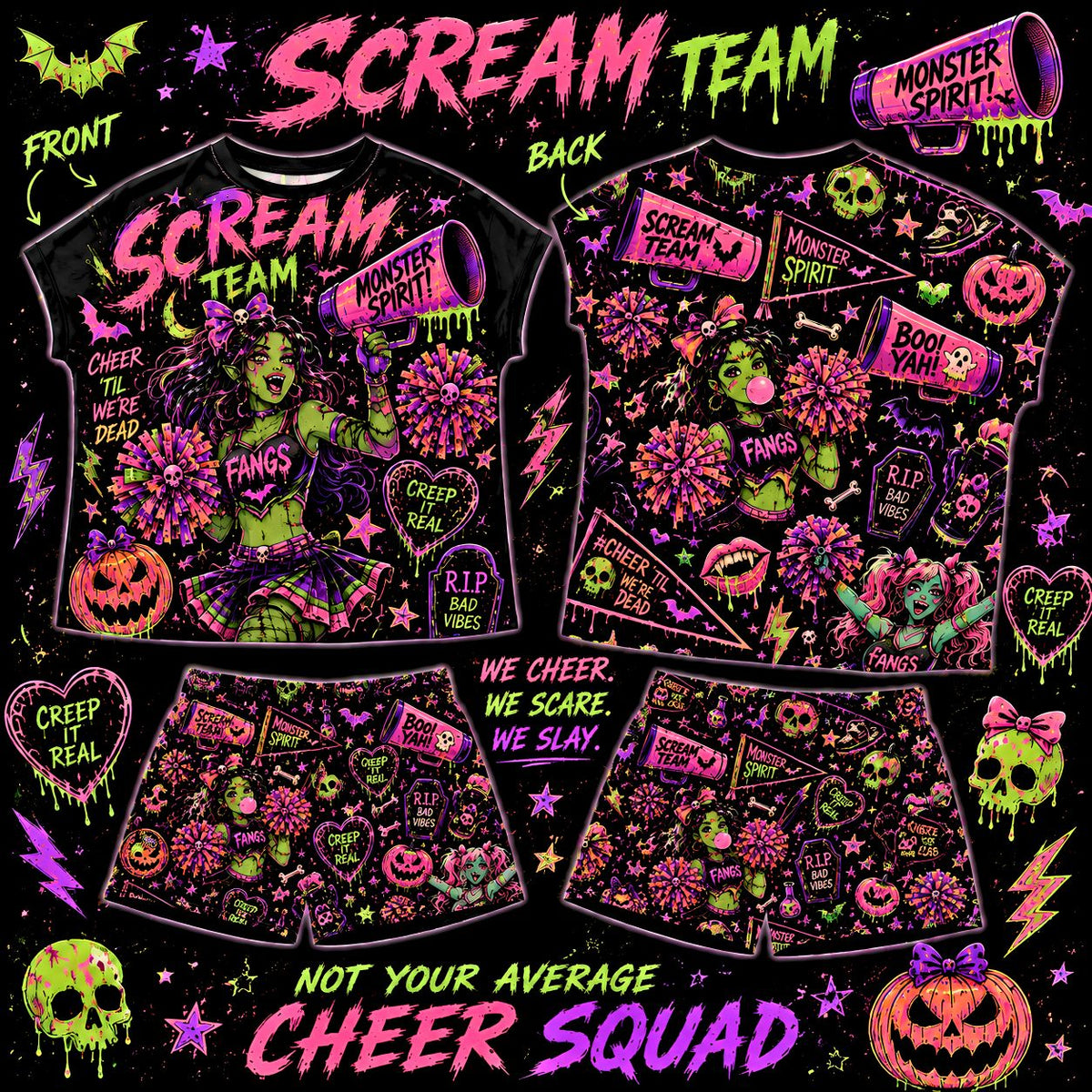 Halloween Cheer Pajama Set | Monster Spirit Oversized Sleep Shirt & Shorts | Spooky Cute Women's PJ Set | Scream Team Loungewear