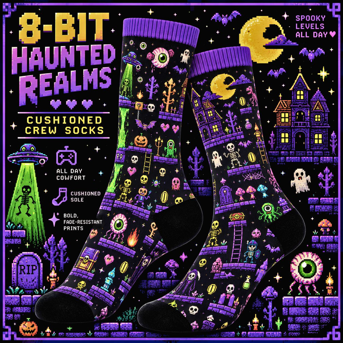 8-Bit Halloween Crew Socks Retro Pixel Art Spooky Socks