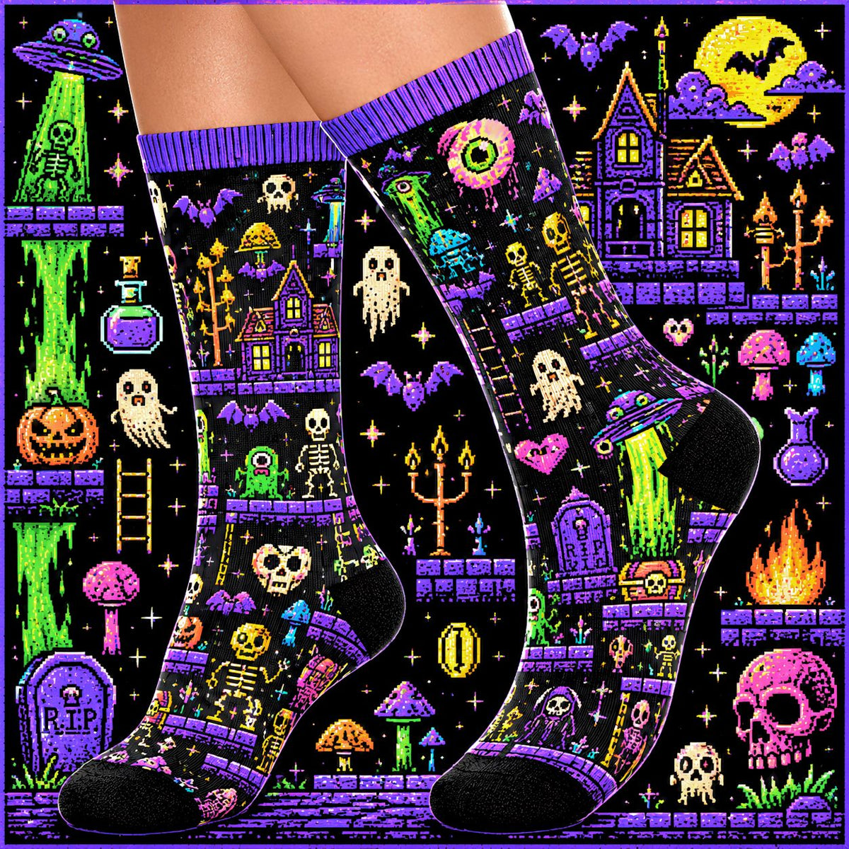 8-Bit Halloween Crew Socks | Retro Pixel Art Spooky Socks | Ghost Skeleton Haunted House UFO Gamer Socks | Neon Gothic Cushion Crew Socks