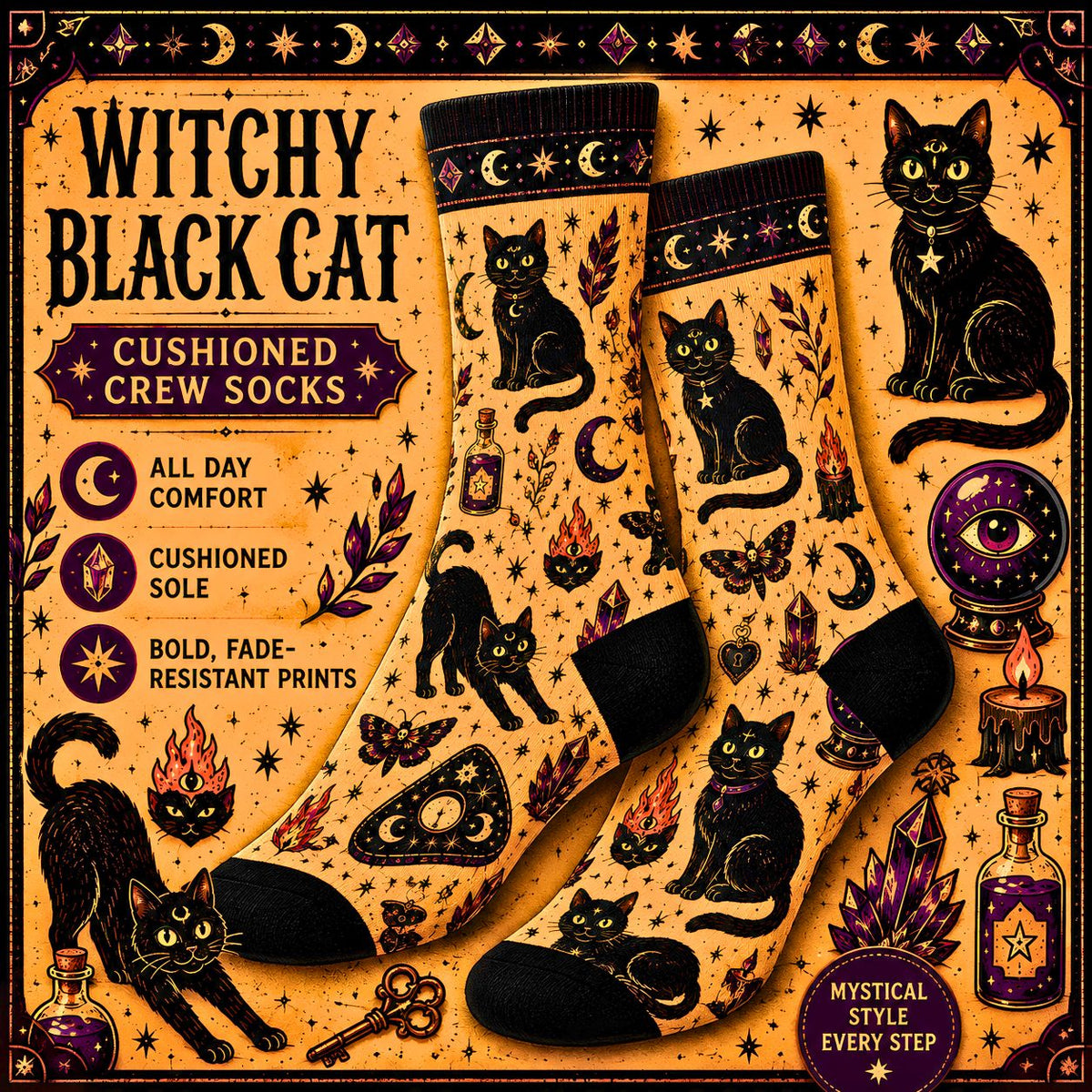 Black Cat Pattern Cushioned Crew Socks Witchy Moon and Flame Motifs