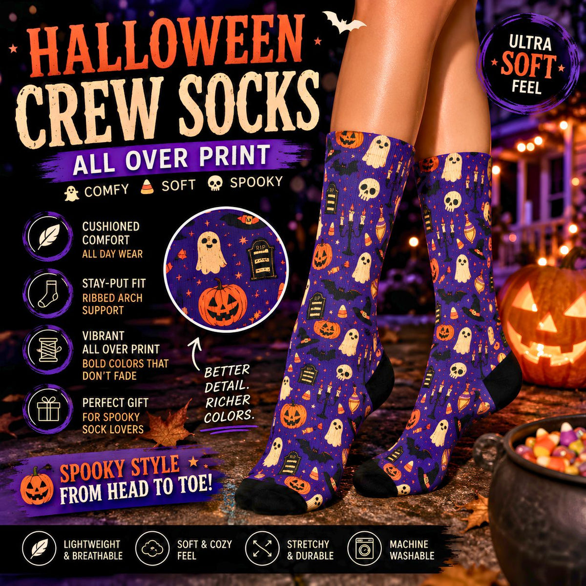 Halloween pattern Ghosts Pumpkins Candy Crew Socks Purple spooky novelty