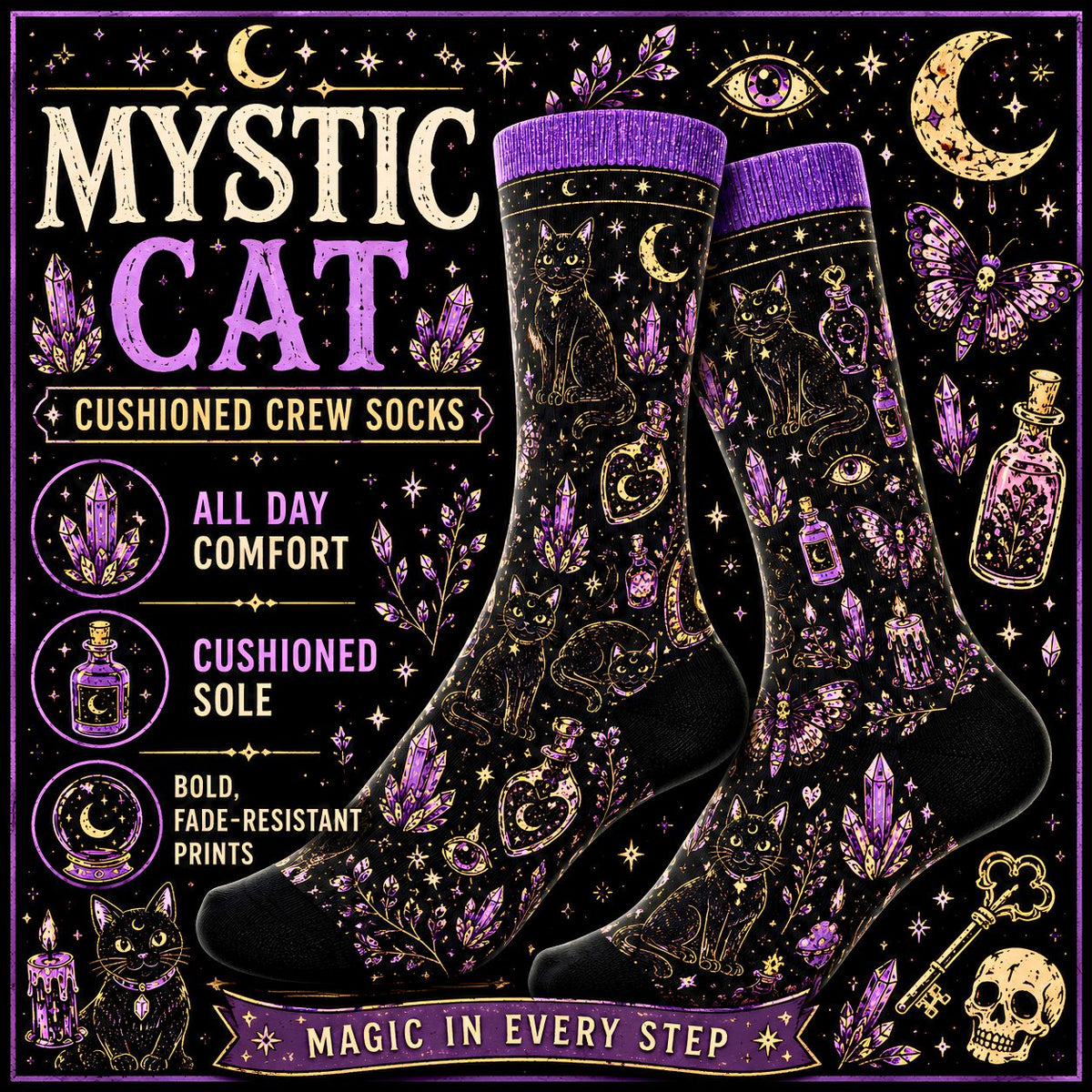 Black Cat Magic Crew Socks Witchy Moon, Crystals & Candles