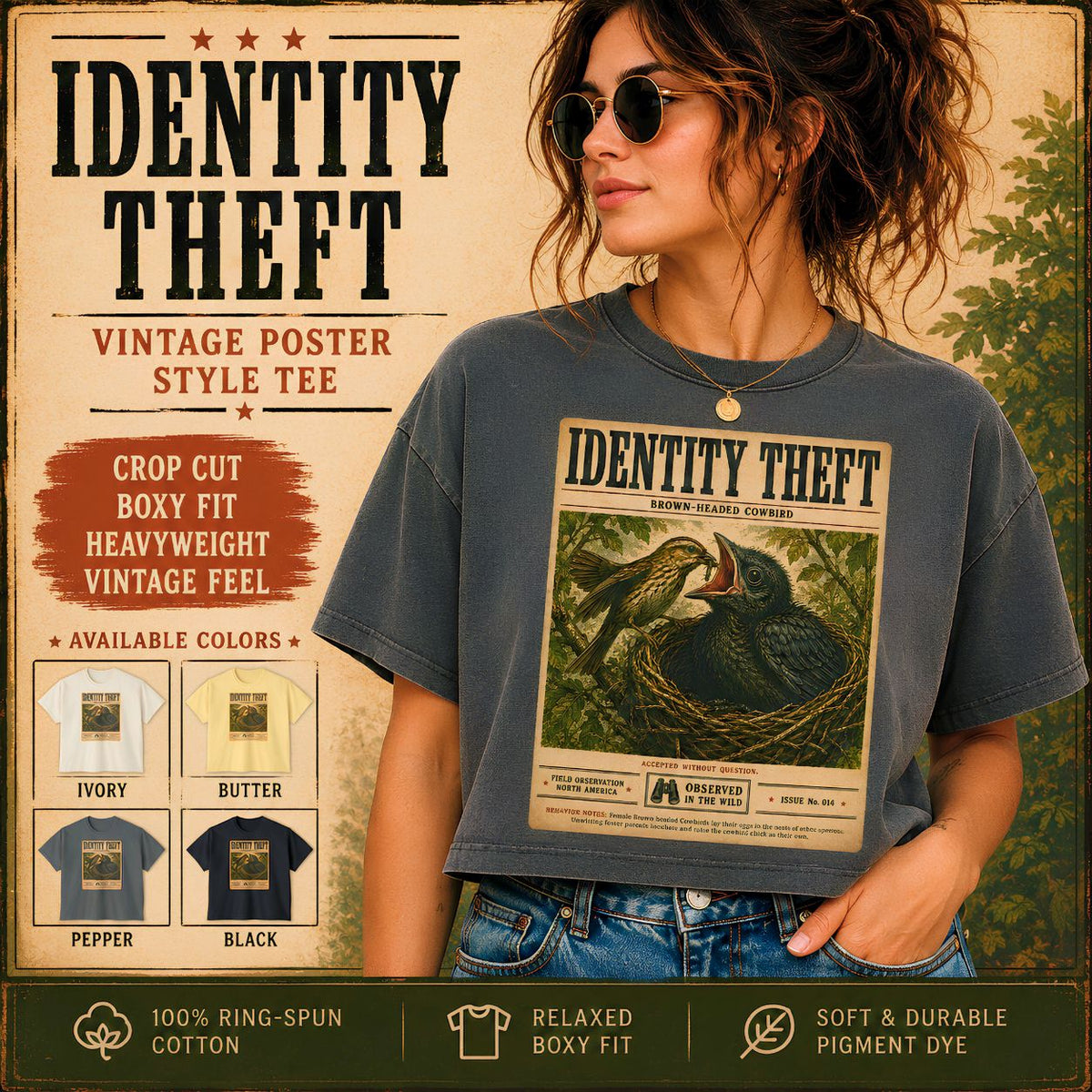 Identity Theft Boxy Tee | Cowbird Birdwatching Shirt | Vintage Nature Graphic Tee | Funny Ornithology Gift | Wildlife Poster