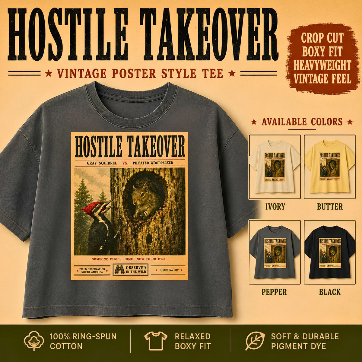 Hostile Takeover Boxy Tee Woodpecker & Squirrel Shirt