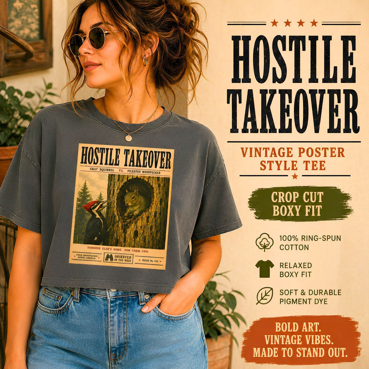 Hostile Takeover Boxy Tee | Woodpecker & Squirrel Shirt | Funny Birdwatching Graphic Tee | Vintage Nature Poster | Wildlife Gift