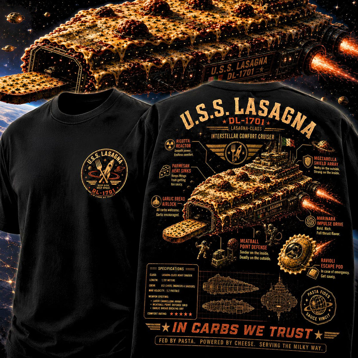 Space Lasagna Shirt, Funny Sci Fi Pasta T-Shirt, USS Lasagna DL-1701 Graphic Tee, Retro Space Food Shirt, Nerd Gift, Comfort Colors 1717