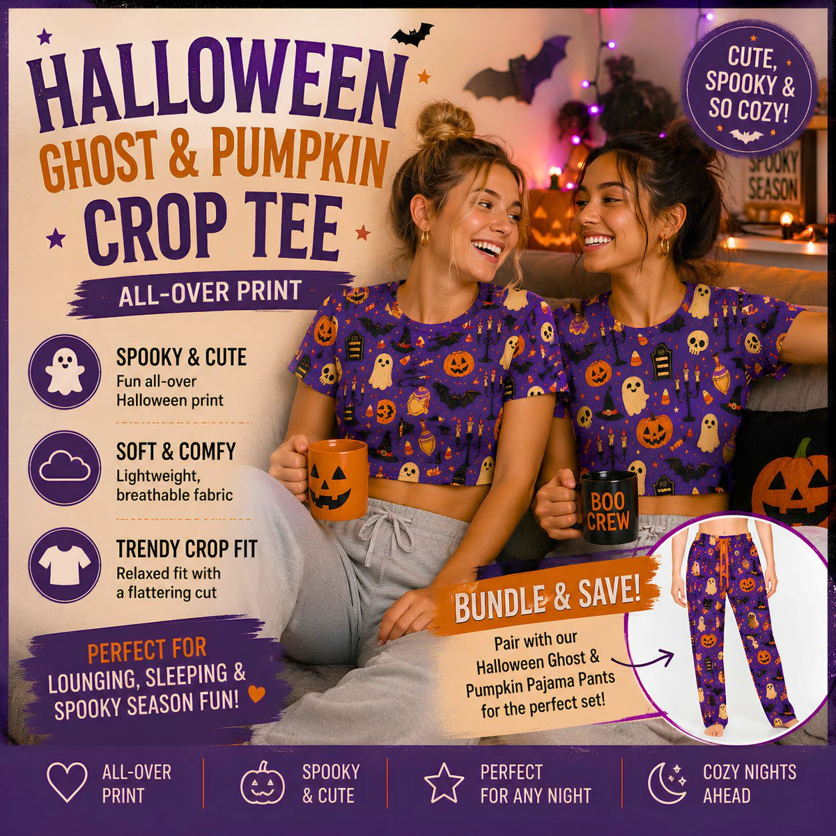 Halloween Ghost Pumpkin Pattern Crop Tee All-Over Print