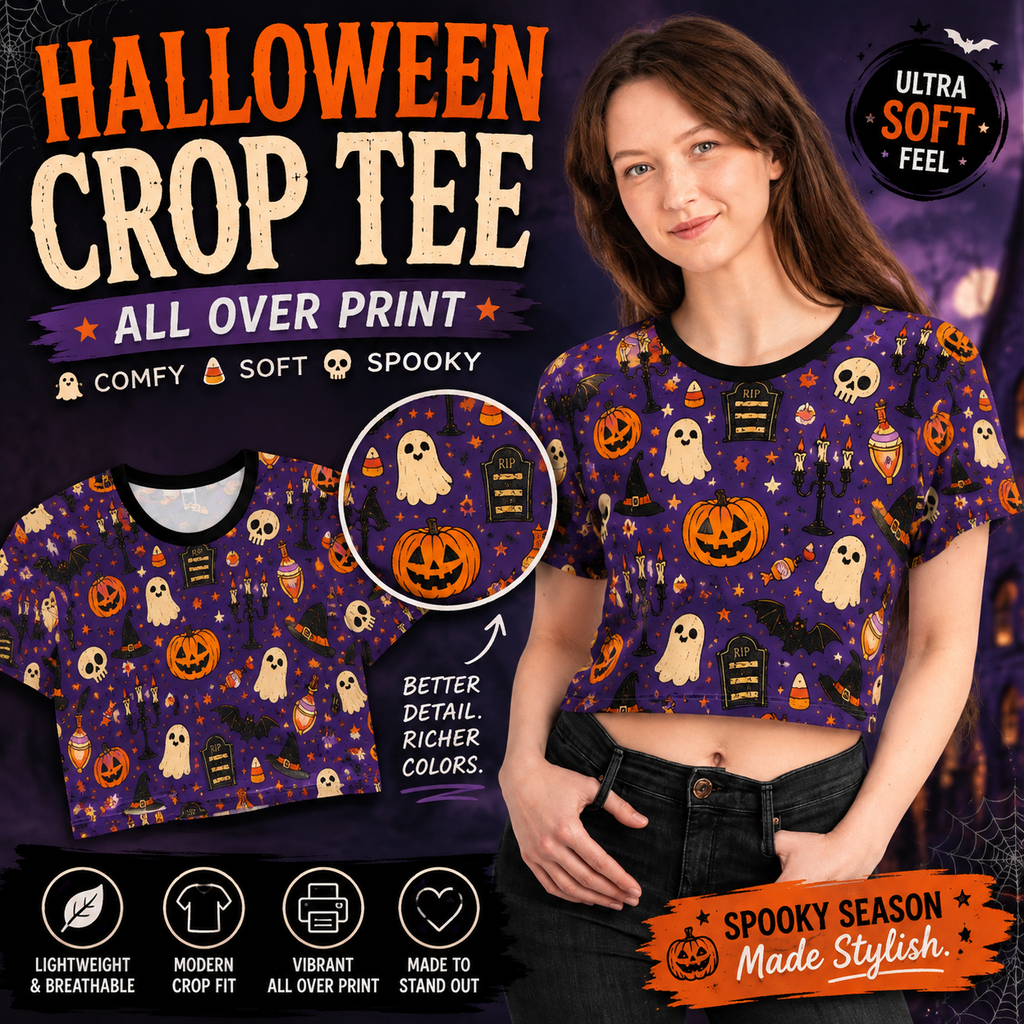 Halloween Ghost Pumpkin Pattern Crop Tee | All-Over Print