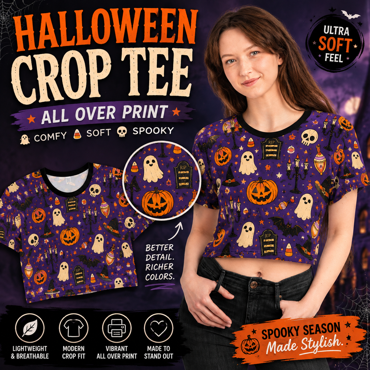 Halloween Ghost Pumpkin Pattern Crop Tee | All-Over Print