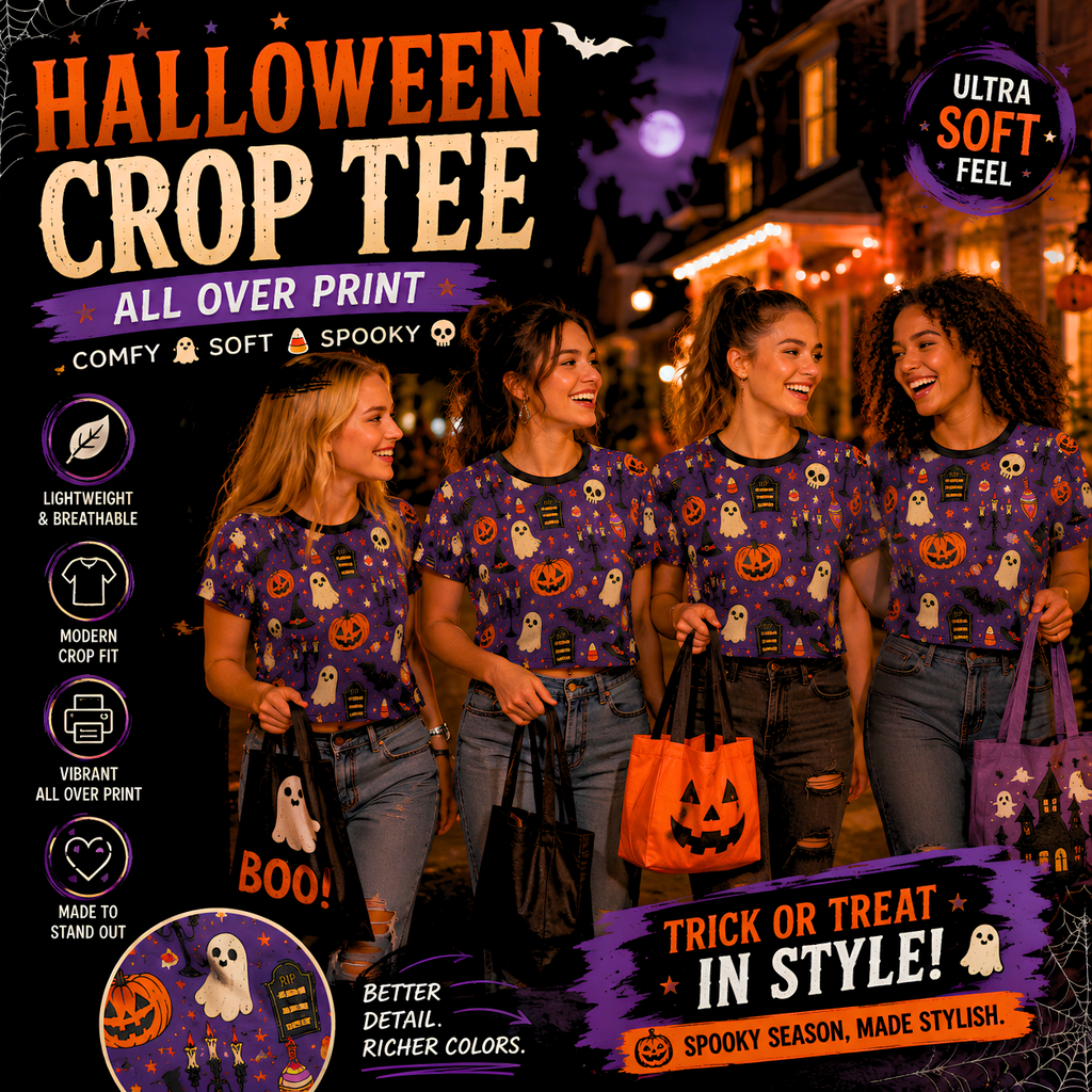 Halloween Ghost Pumpkin Pattern Crop Tee | All-Over Print