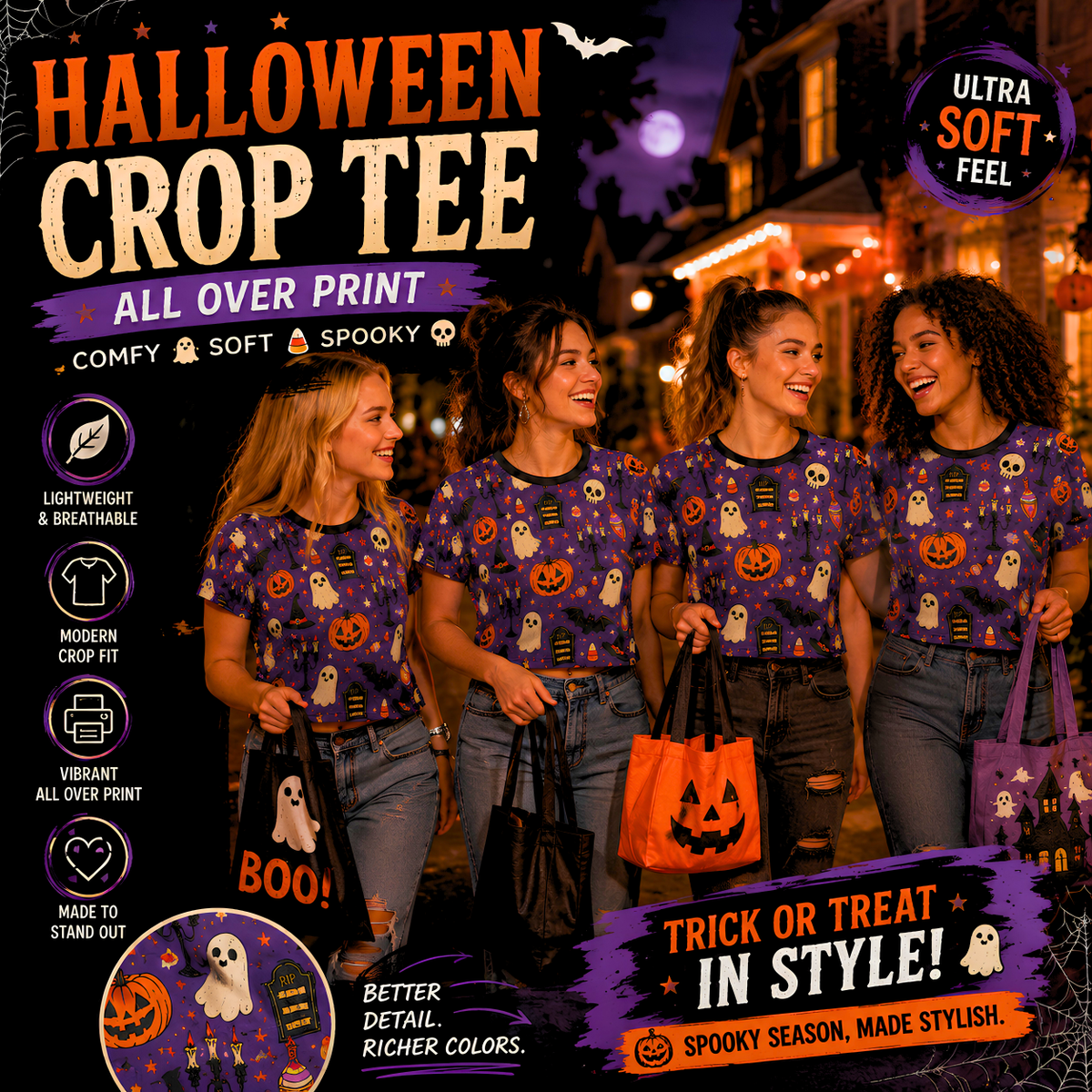Halloween Ghost Pumpkin Pattern Crop Tee | All-Over Print