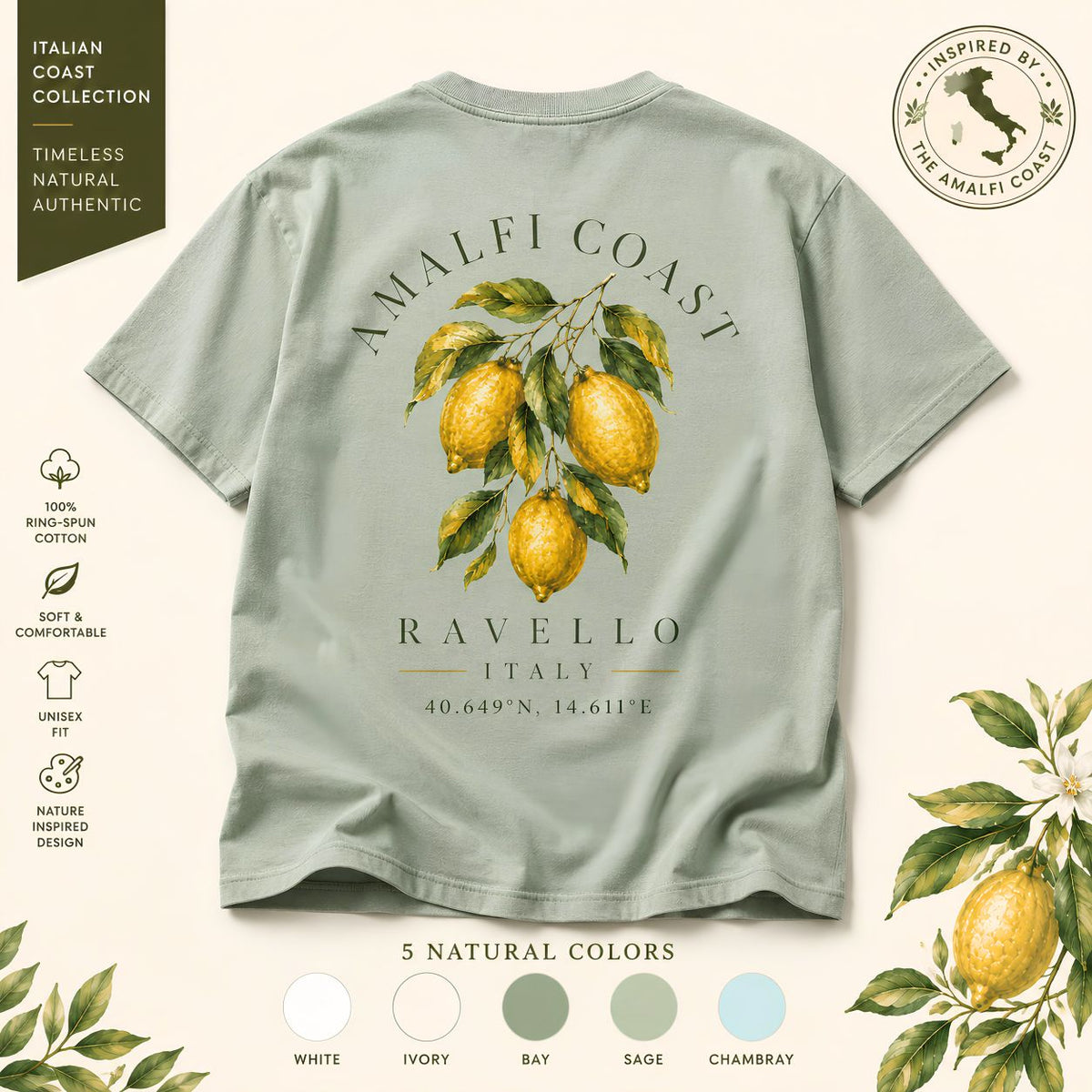 Amalfi Coast Lemon Branch T-shirt Ravello Botanical Tee