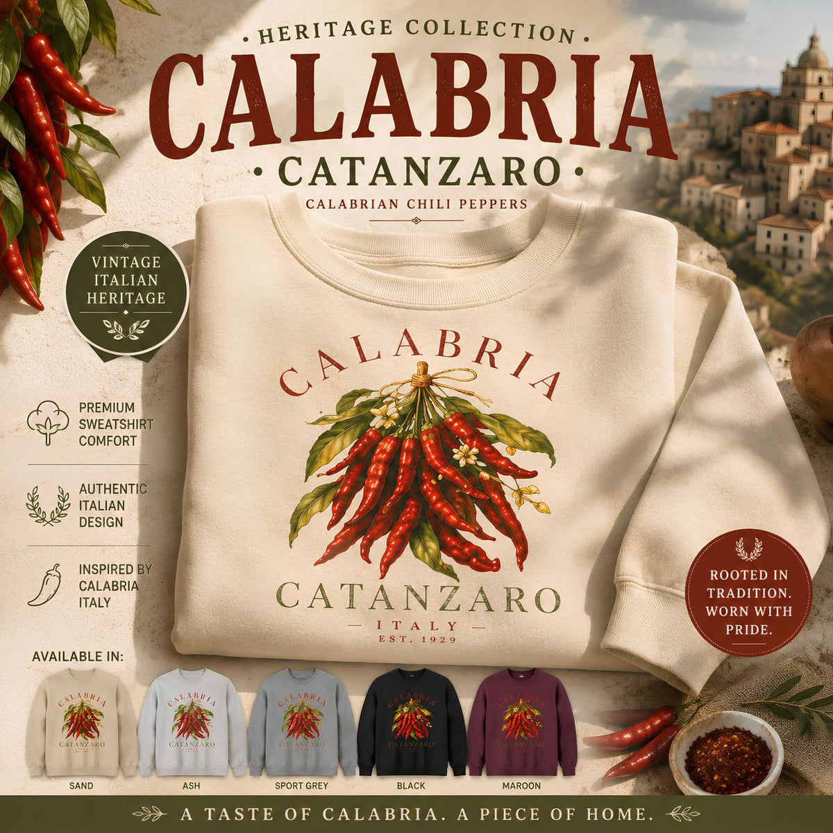 Calabria Catanzaro Sweatshirt, Vintage Italian Chili Pepper Crewneck, Italian Heritage Sweatshirt, Calabria Gift, Cozy Unisex Pullover
