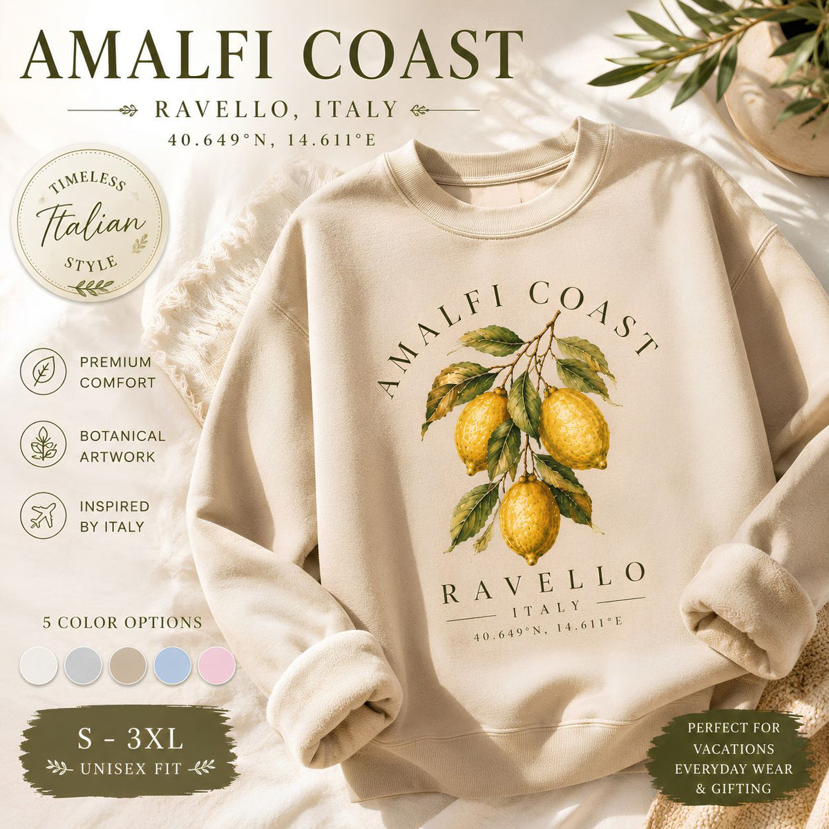 Amalfi Coast Lemon Branch sweatshirt Ravello botanical citrus design