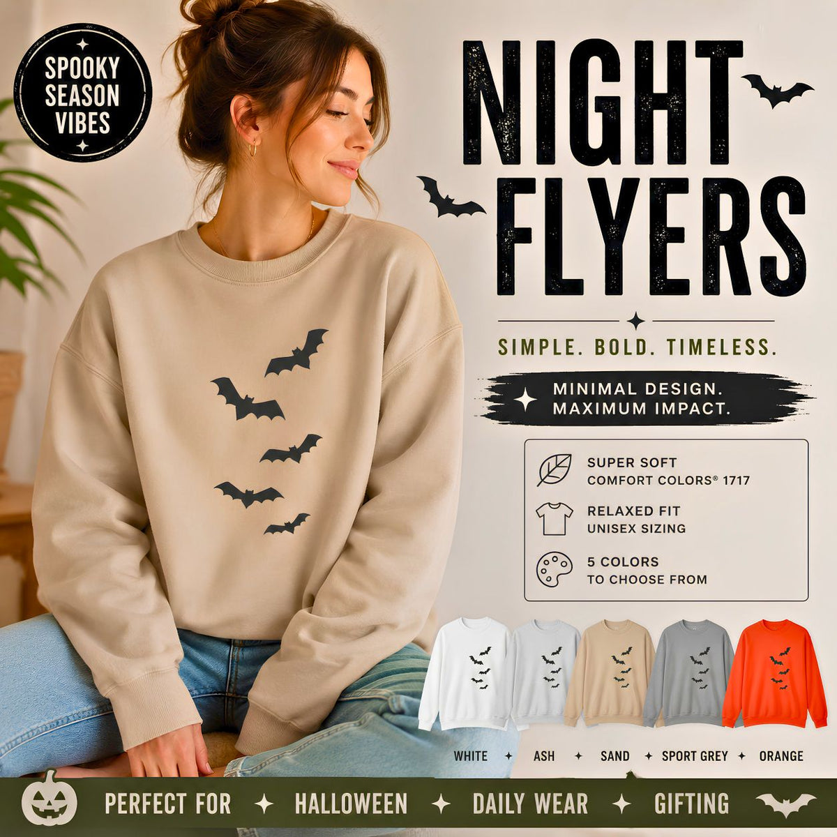 Flying Bats crewneck sweatshirt Halloween bat silhouette
