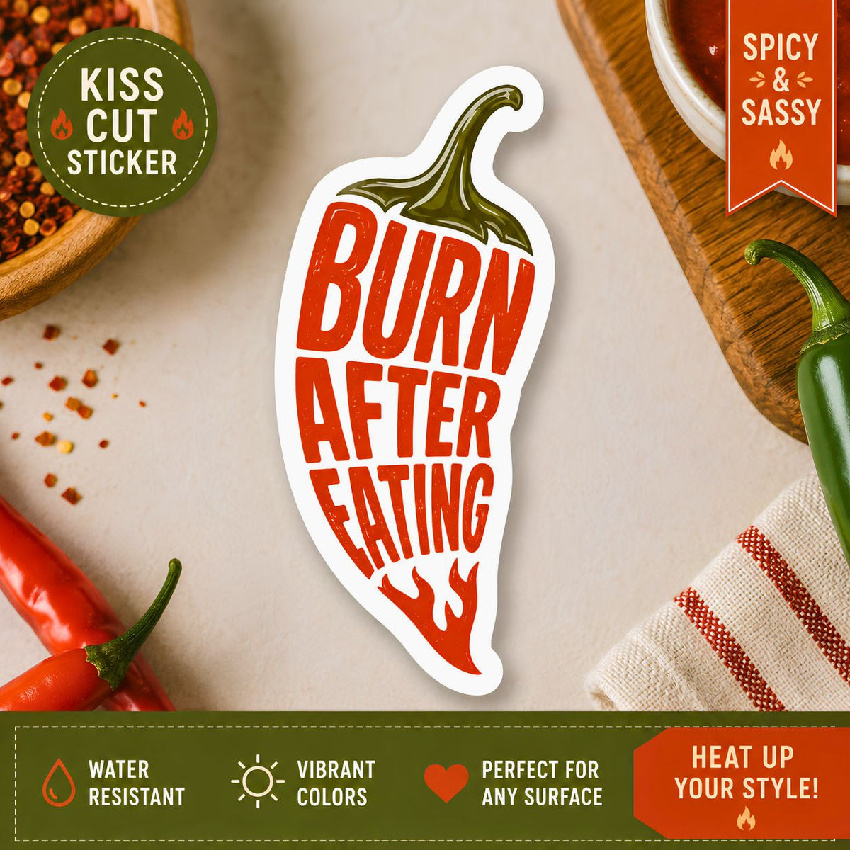 Burn After Eating chili pepper Sticker spicy food, hot sauce decal