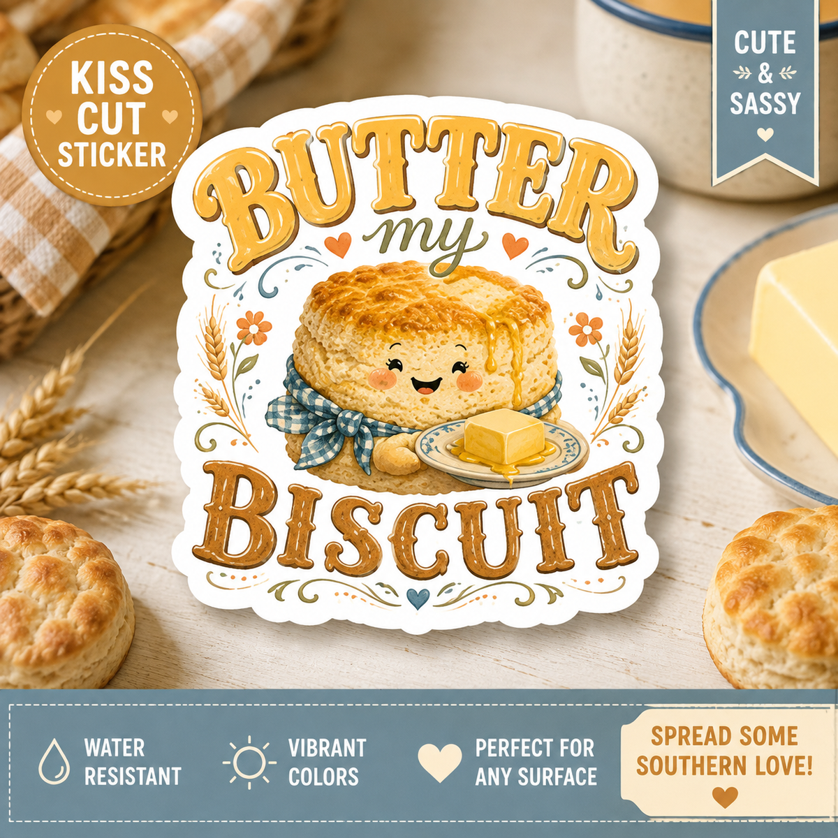 Butter My Biscuit Sticker Cute Kawaii Biscuit Illustration, Kiss-Cut Vinyl