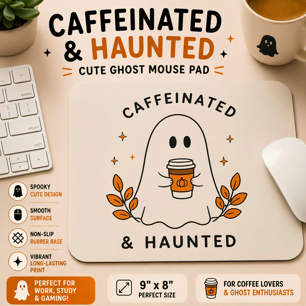 Caffeinated & Haunted Mouse Pad Halloween Ghost Coffee Desk Mat