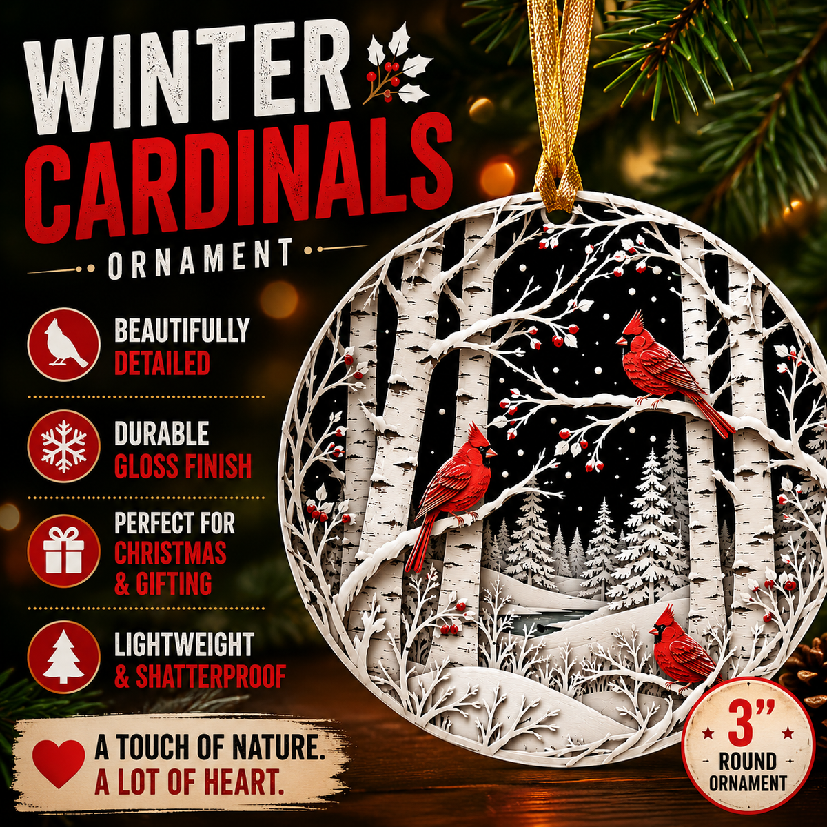 Winter Cardinals Ornament Layered Birch Forest Christmas Tree Decoration