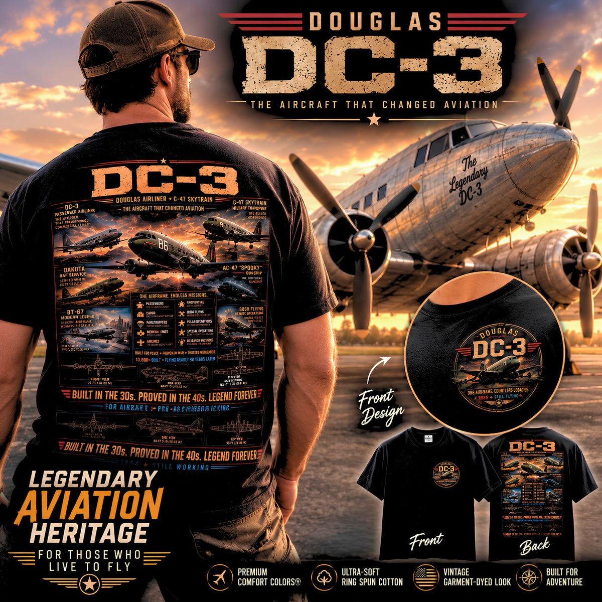 Douglas DC-3 Aircraft Diagram T-shirt | Vintage Airplane Illustration