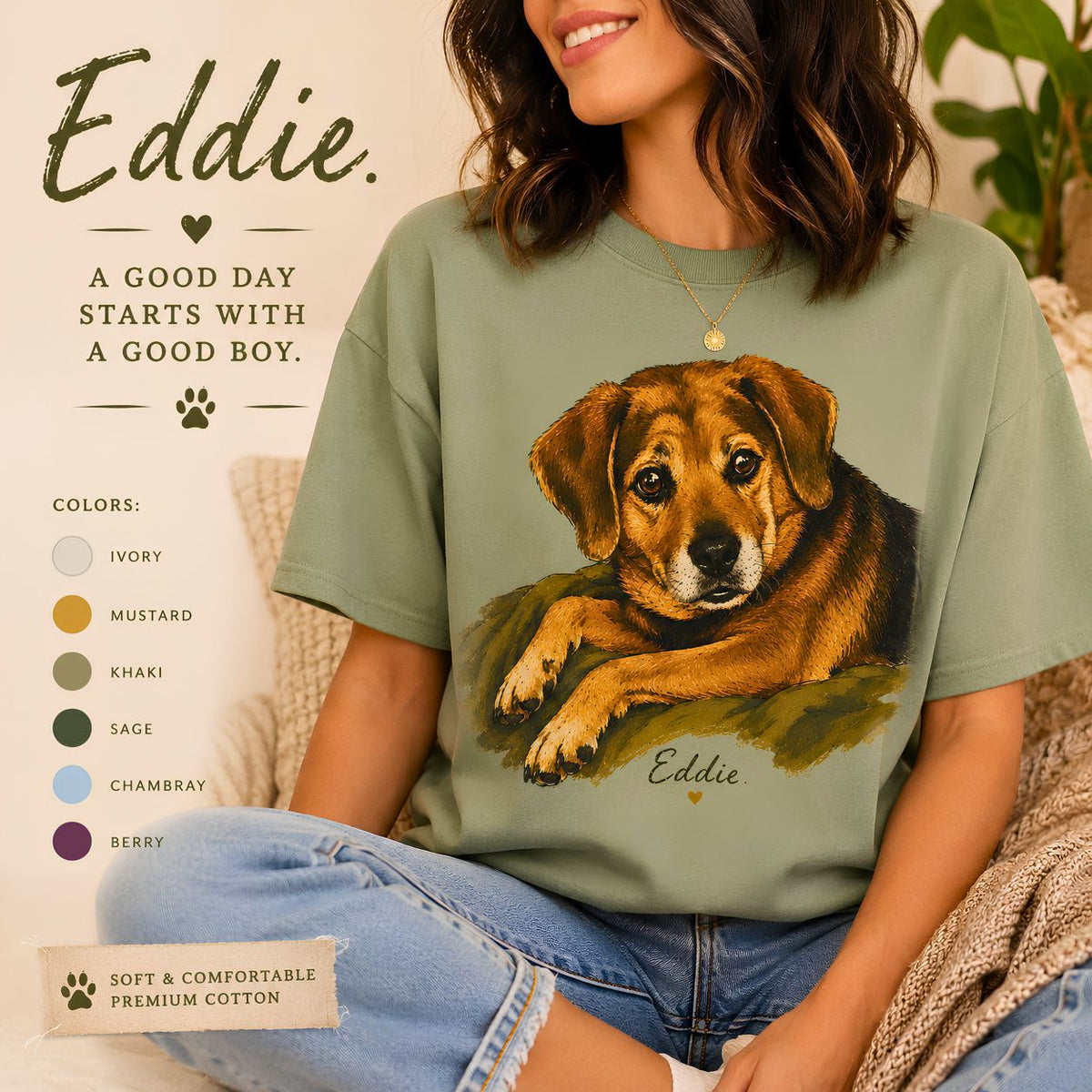 Eddie Vintage Dog Portrait Shirt Cozy Hand Painted Pet Graphic Tee