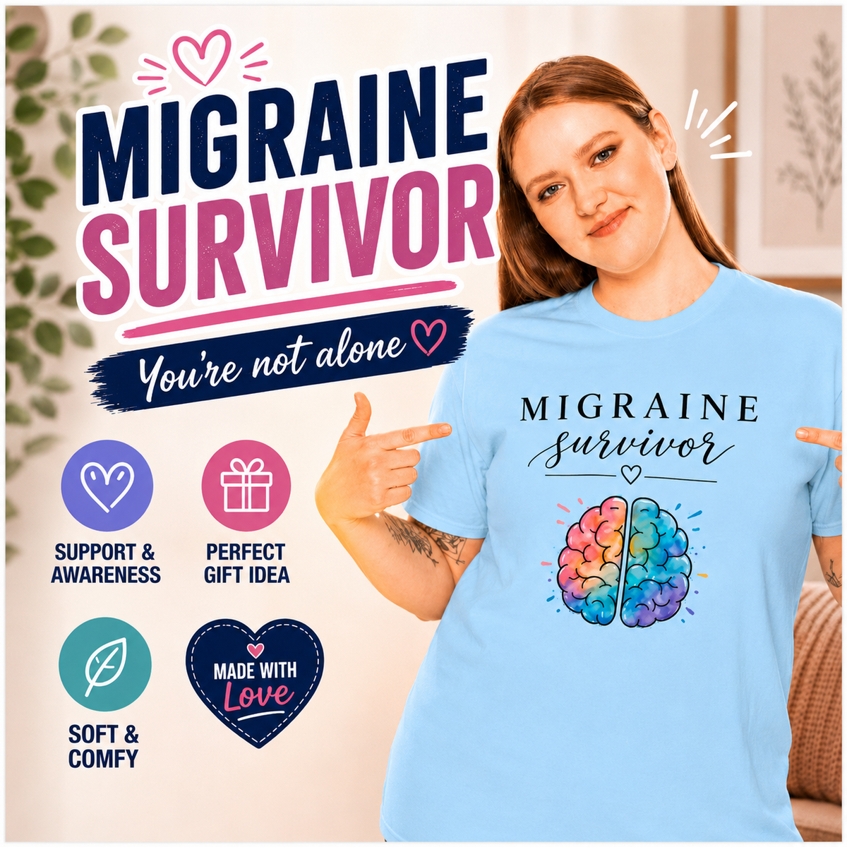 Migraine Survivor Shirt | Chronic Illness Shirt | Colorful Brain Graphic Tee | Mental Health Awareness | Migraine Gift for Her
