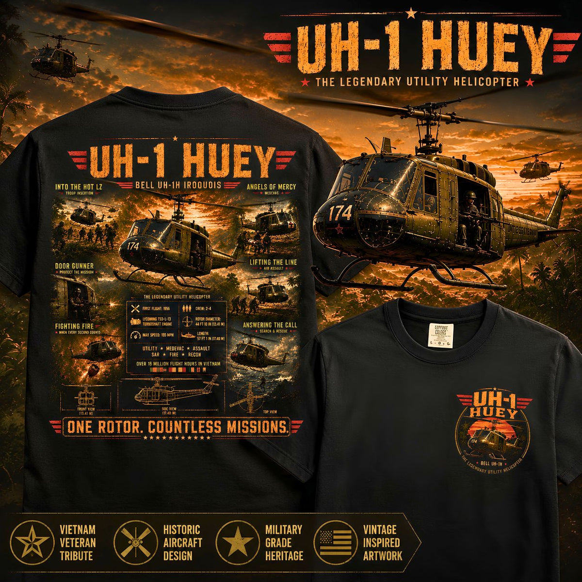 UH-1 Huey Helicopter T-Shirt Military Aircraft Flight Deck Graphic
