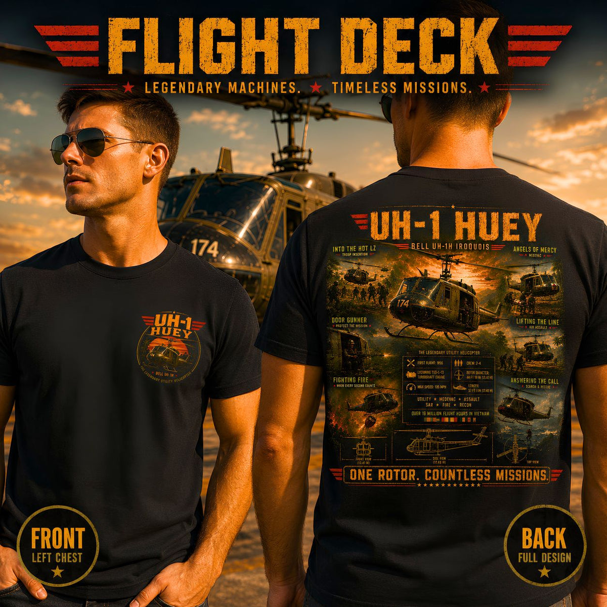 UH-1 Huey Flight Deck military aviation T-shirt product image 3
