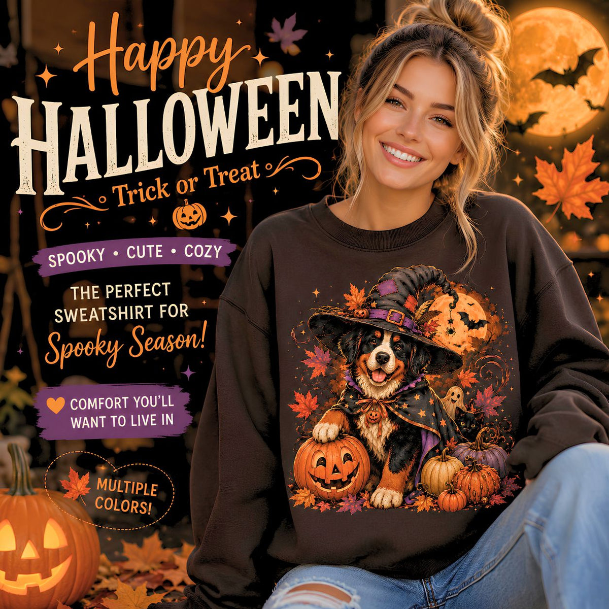 Halloween Witch Dog Sweatshirt Pumpkin, Jack-o'-Lanterns, Autumn Leaves