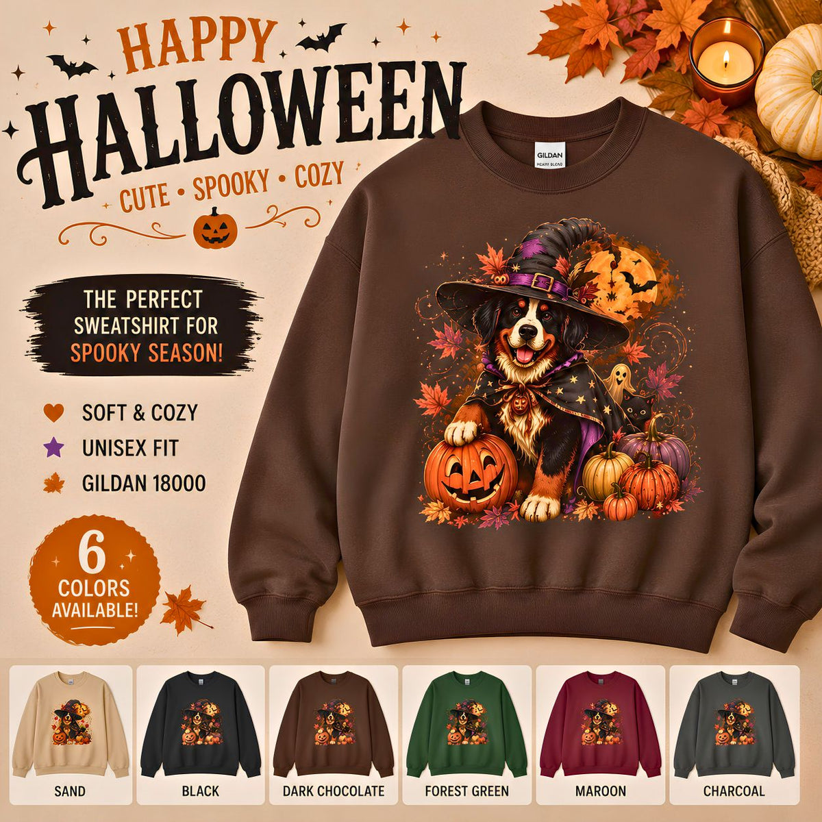Halloween Witch Dog Sweatshirt | Pumpkin, Jack-o'-Lanterns, Autumn Leaves