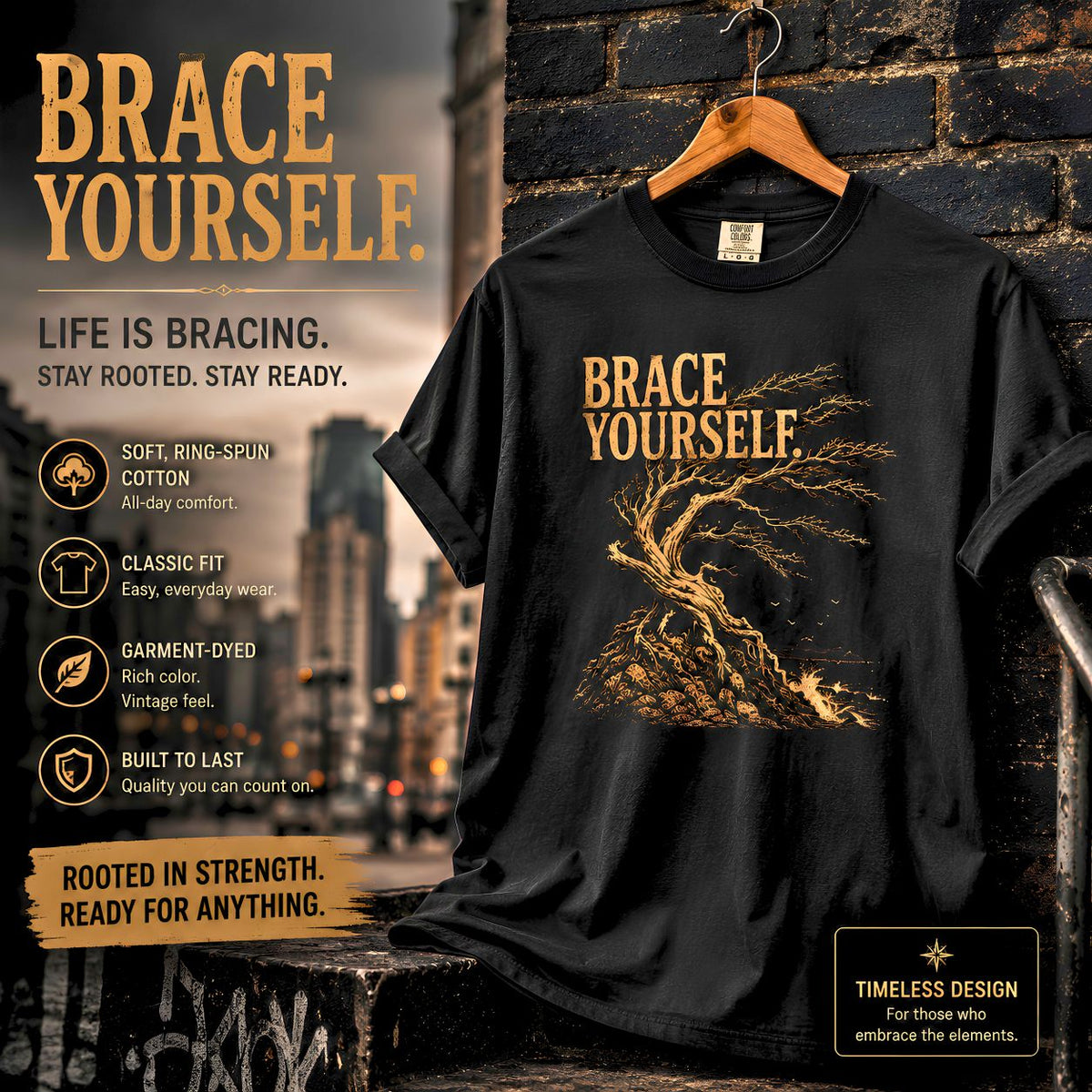 Brace Yourself Coastal Tree T-Shirt | Vintage Nature Graphic Tee | Resilience Shirt | Unisex Garment Dyed Tee