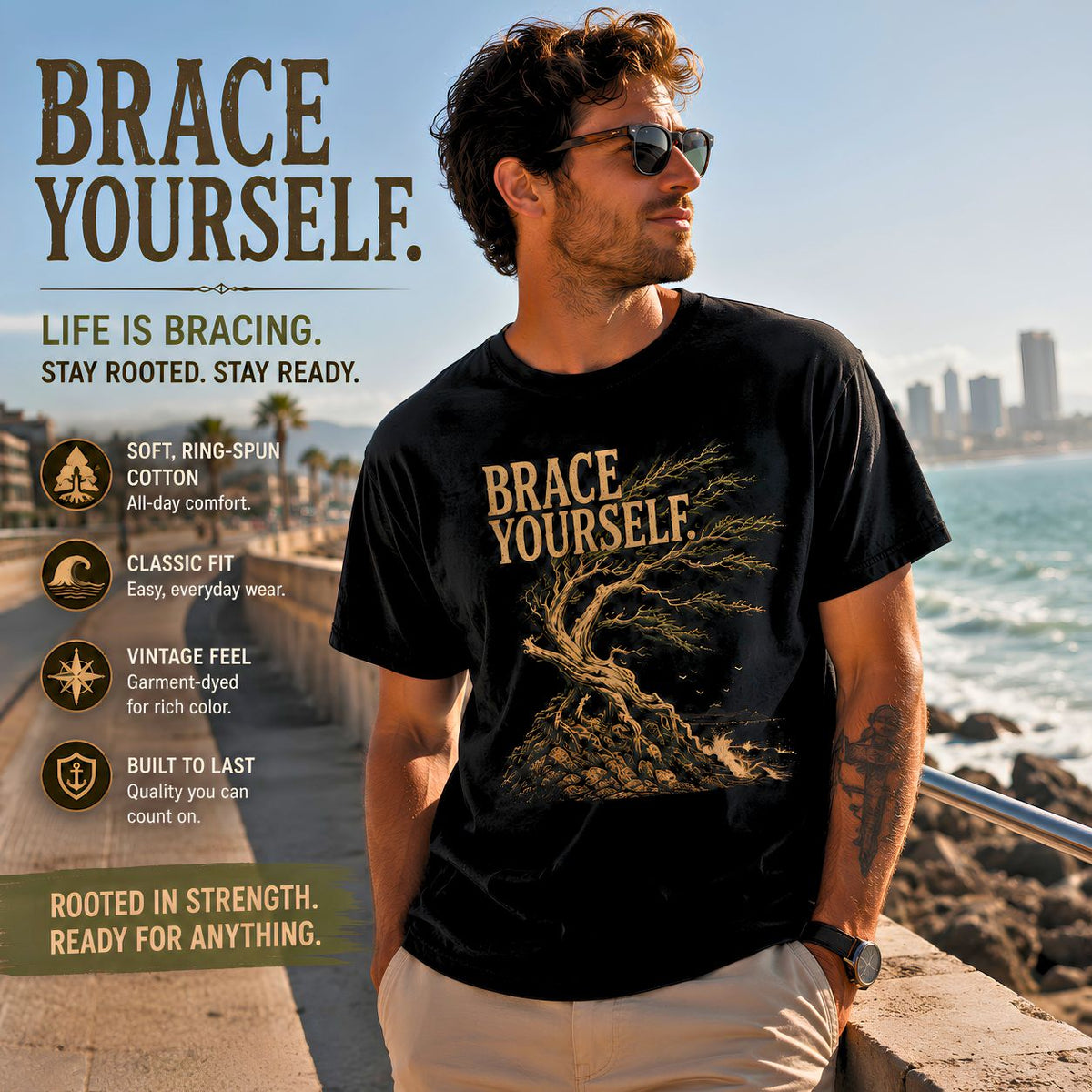 Brace Yourself Coastal Tree T-Shirt | Vintage Nature Graphic Tee | Resilience Shirt | Unisex Garment Dyed Tee