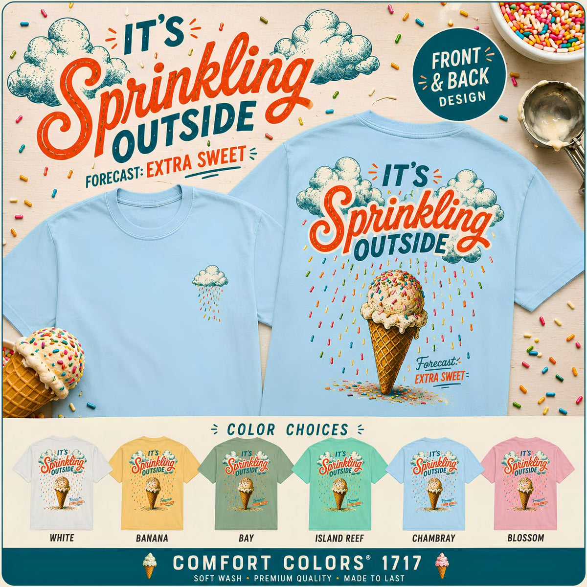 It's Sprinkling Outside ice cream cone T-Shirt | retro dessert illustration